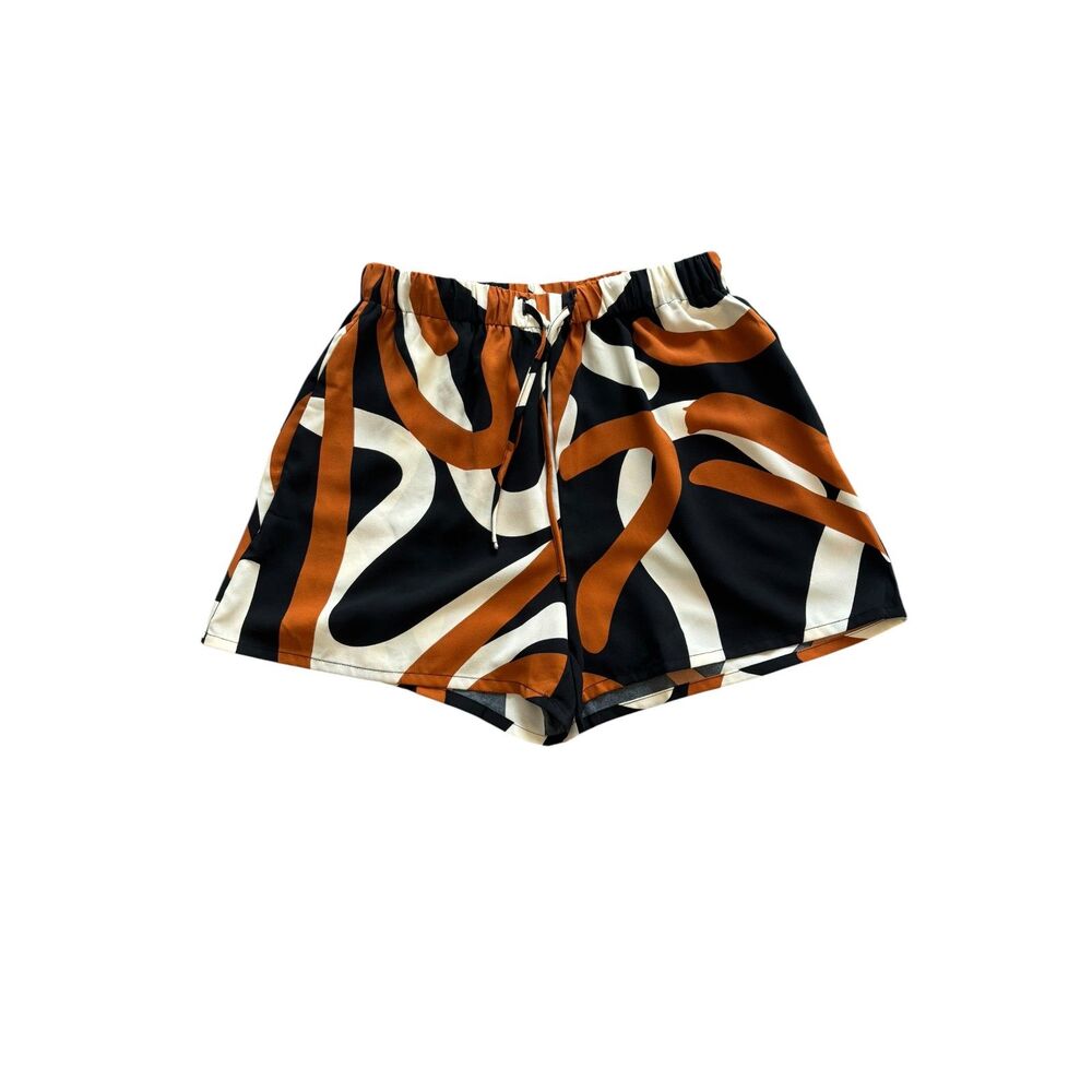 Modern Boho Women’s Flowy Wide Leg Shorts Black, Rust Orange, & Cream Size 6